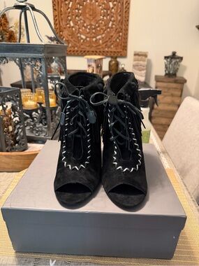 Cynthia Vincent Black Suede Peep-Toe Lace-Up Heeled Booties with Fringe